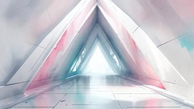 The primary subject of the image is a large, open, and brightly lit tunnel. The setting is a white, modern, and futuristic environment. The visual style is a combination of digital art and illustration, creating a unique and captivating atmosphere. The colors and mood are predominantly white and bright, giving the impression of a clean and inviting space.