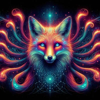 The primary subject of the image is a fox with a blue and red color scheme. The fox is the main focus of the image, and it appears to be looking at the viewer. The setting is a colorful, swirling background that adds to the overall atmosphere of the image. The visual style is a digital art or illustration, with a vibrant and lively appearance. The colors and mood of the image are energetic and captivating, making it an eye-catching and memorable piece