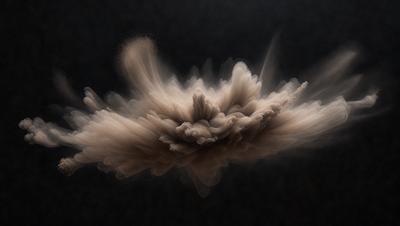 The primary subject of the image is a large, swirling cloud of dust or sand, which appears to be a digital art or illustration. The setting is a dark background, which contrasts with the cloud, creating a dramatic visual effect. The visual style is a combination of photo and digital art, giving the image a unique and artistic appearance. The colors and mood of the image are predominantly dark, with the cloud being the main focal point, creating a sense of depth and intensity.