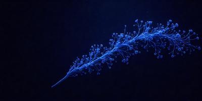 The primary subject of the image is a blue, flowery branch. The setting is a dark background, which contrasts with the vibrant blue flowers on the branch. The visual style appears to be a digital art or illustration, as the branch is depicted in a stylized manner. The colors and mood of the image are predominantly dark and moody, with the blue flowers providing a touch of brightness and life.