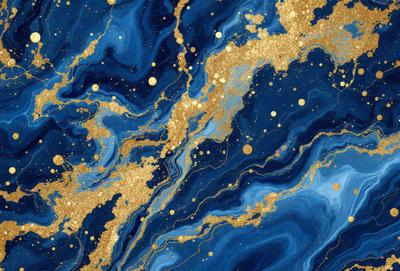 The primary subject of the image is a blue and gold swirling pattern, which appears to be a digital art or illustration. The setting is a blue and gold background, with gold stars and circles scattered throughout the scene. The visual style is a mix of digital art and illustration, creating a unique and eye-catching design. The colors and mood of the image are predominantly blue and gold, giving it a warm and inviting atmosphere.
