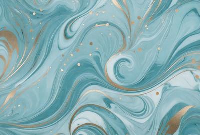 The primary subject of the image is a blue and gold swirling pattern, which appears to be a design or a piece of art. The setting is a blue background, and the visual style is a combination of digital art and illustration. The dominant colors are blue and gold, creating a sense of depth and elegance in the design.