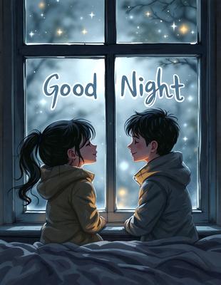 The primary subject of the image is a young man and woman sitting together, looking out a window at night. They are both smiling, and the woman is wearing a hoodie. The setting is a bedroom, with a bed visible in the background. The visual style is a digital art illustration, and the colors and mood are warm and cozy, with the night sky and the glow of the window providing a serene atmosphere.