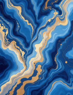 The primary subject of the image is a blue and gold marbled pattern, which is the main focus of the image. The setting is a blue and gold marbled surface, which serves as the backdrop for the pattern. The visual style of the image is a combination of digital art and illustration, as it is a well-crafted and detailed design. The dominant colors in the image are blue and gold, creating a rich and luxurious atmosphere.