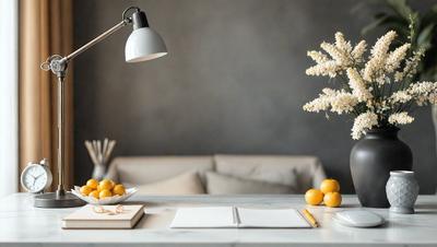 The primary subject of the image is a table with a notebook, a bowl of fruit, and a vase of flowers. The setting is a room with a couch in the background. The visual style is a photo, and the colors and mood are warm and inviting.