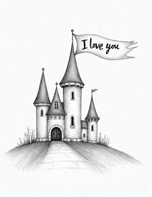 The primary subject of the image is a castle with a flag flying on top of it. The setting is a grassy area, and the visual style is a hand-drawn illustration. The colors and mood of the image are predominantly dark, with the castle being the main focal point.
