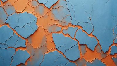 The primary subject of the image is a blue and orange painted wall with a cracked and peeling texture. The setting is an indoor environment, possibly a room or a studio. The visual style is a combination of digital art and illustration, creating a unique and artistic appearance. The dominant colors are blue and orange, with the blue providing a cool and calming atmosphere, while the orange adds warmth and vibrancy to the scene.