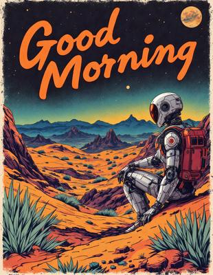 The primary subject of the image is a robot sitting in a desert landscape. The setting is a barren, rocky area with mountains in the background. The visual style is a digital art illustration, giving the image a futuristic and surreal appearance. The dominant colors are orange and red, creating a warm and vibrant atmosphere.
