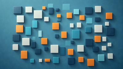 The primary subject of the image is a blue background with a pattern of small squares. The squares are arranged in a visually appealing manner, creating a sense of depth and dimension. The setting is a blue wall, and the visual style is a combination of digital art and illustration. The dominant colors are blue and orange, giving the image a vibrant and lively atmosphere.