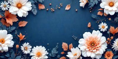 The primary subject of the image is a blue background with a variety of flowers and leaves. The setting is a blue surface, possibly a wall or a table, with the flowers and leaves arranged in a visually appealing manner. The visual style of the image is a combination of photo and digital art, creating a vibrant and colorful scene. The dominant colors in the image are blue and white, with the flowers and leaves adding a variety of colors and creating a lively and cheerful atmosphere.