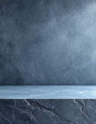 The primary subject of the image is a blue wall with a marble texture. The setting is a room with a blue countertop. The visual style is a photo, and the colors and mood are predominantly blue, creating a calm and serene atmosphere.