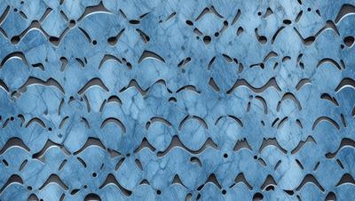 The primary subject of the image is a pattern of holes or cutouts on a blue surface. The setting appears to be a blue background, and the visual style is a combination of a photo and digital art. The dominant colors are blue and white, creating a calm and soothing atmosphere.