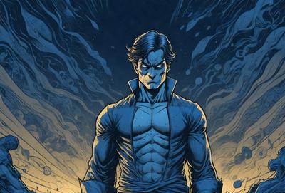 The primary subject of the image is a man with a blue jacket and a blue shirt. He is standing in front of a dark, swirling background, which creates a dramatic and moody atmosphere. The visual style of the image is a digital art or illustration, as it appears to be a comic book or graphic novel scene. The colors and mood of the image are predominantly dark and mysterious, with the blue jacket and shirt adding a touch of contrast to the overall scene.