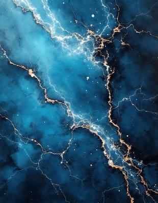 The primary subject of the image is a blue and yellow painting of a lightning bolt. The setting is a dark blue background, which contrasts with the lightning bolt's yellow and blue colors. The visual style appears to be a digital art or illustration, as the lightning bolt is depicted in a detailed and artistic manner. The overall atmosphere of the painting is dynamic and energetic, as the lightning bolt symbolizes power and movement.