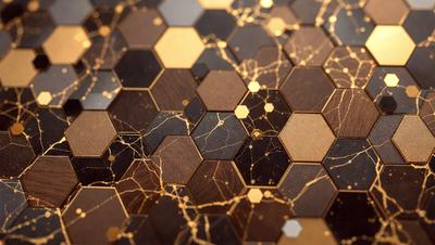 The primary subject of the image is a close-up of a wooden surface with a pattern of hexagons. The setting is a room with a wall that features a pattern of hexagons. The visual style is a close-up of the wooden surface, which gives a sense of texture and detail. The colors and mood of the image are predominantly brown, giving it a warm and natural atmosphere.