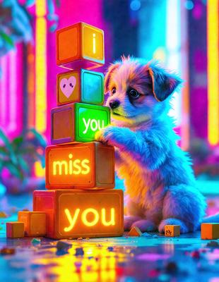The primary subject of the image is a small dog standing on top of a stack of blocks, which spell out the word "you." The setting is a colorful environment, with the dog being the main focus of the scene. The visual style appears to be a combination of photo and digital art, creating a vibrant and playful atmosphere. The dominant colors are bright and lively, with the dog being predominantly blue.