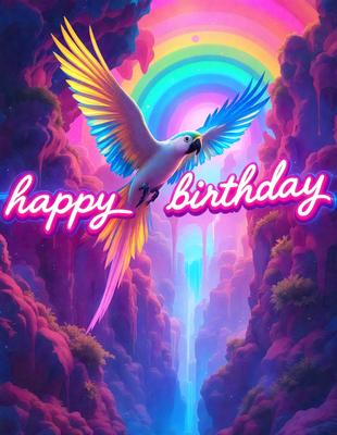 The primary subject of the image is a colorful bird, possibly a parrot, sitting on a cliff or a rock formation. The bird is surrounded by a vibrant and lively environment, with a rainbow visible in the background. The visual style of the image is a digital art or illustration, creating a whimsical and imaginative atmosphere. The dominant colors in the image are pink, blue, and yellow, which contribute to the overall cheerful and uplifting mood.