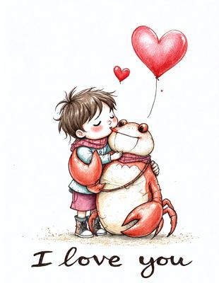 A little girl is kissing a large crab on the mouth. The scene is set on a beach, with a heart-shaped balloon floating in the air above them. The visual style is a hand-drawn illustration, and the colors are warm and inviting, creating a playful and joyful atmosphere.
