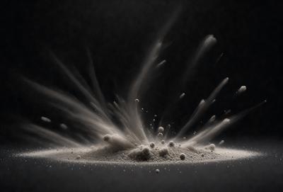 The primary subject of the image is a cloud of dust or sand, which is the main object, scene, or focus of the image. The setting or background is a black surface, which provides a contrasting backdrop for the cloud. The visual style of the image is a black and white photo, illustration, or drawing. The colors and mood of the image are predominantly dark and dramatic, with the cloud of dust or sand being the main point of interest.