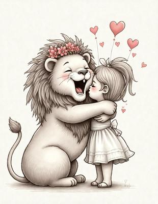 The image features a lion and a little girl, both with big smiles on their faces. The lion is hugging the girl, and they are both surrounded by hearts. The scene is set in a whimsical, playful environment, with the lion and girl being the main focus of the image. The visual style is a combination of digital art and illustration, creating a charming and delightful atmosphere. The colors are predominantly pink and white, which adds to the overall warm and cheerful mood