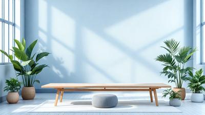 The primary subject of the image is a wooden table with a round cushion on top of it. The table is placed in a room with a blue wall and a window. The setting appears to be a living room or a similar indoor space. The visual style of the image is a photo, capturing the wooden table and cushion in detail. The colors and mood of the image are predominantly blue, creating a calm and relaxing atmosphere.