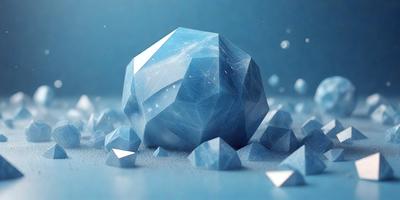 The primary subject of the image is a large, blue, geometric shape, which appears to be a blue crystal or a blue sphere. The setting is a blue background, which complements the blue color of the main object. The visual style of the image is digital art, as it is a computer-generated or digitally rendered image. The dominant colors in the image are blue and white, creating a calm and serene atmosphere.