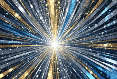 The primary subject of the image is a bright, colorful, and shiny light source, which appears to be a star or a light bulb. The setting is a dark background, which contrasts with the bright light source. The visual style of the image is a combination of a photo and digital art, creating a unique and eye-catching effect. The colors and mood of the image are predominantly blue and gold, giving it a warm and inviting atmosphere.
