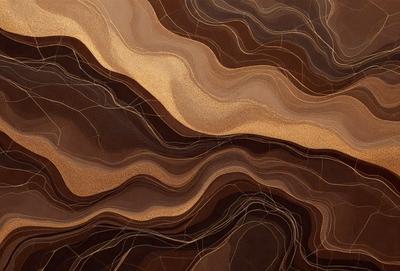 The primary subject of the image is a brown and gold patterned surface, which appears to be a painting or a textured wall. The setting is a mountainous landscape, with a sunset in the background. The visual style is a combination of digital art and illustration, creating a unique and artistic representation of the scene. The colors and mood of the image are warm and inviting, with the golden hues of the sunset and the rich brown tones of the painting or textured wall creating a sense of depth and texture