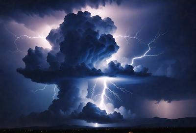 The primary subject of the image is a lightning bolt, which is captured in a dramatic and artistic manner. The lightning bolt is surrounded by a cloudy sky, which adds to the overall atmosphere of the scene. The setting appears to be a nighttime cityscape, with buildings and streetlights visible in the background. The visual style of the image is a combination of photo and digital art, creating a striking and memorable scene. The colors and mood of the image are predominantly dark and moody