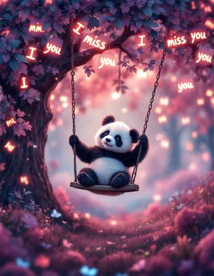 The primary subject of the image is a small panda bear sitting in a swing. The setting is a pink and purple forest, with a tree nearby. The visual style is digital art, and the colors and mood are predominantly pink and purple, creating a warm and inviting atmosphere.