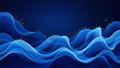 The primary subject of the image is a blue ocean with waves. The setting is a dark blue background, which creates a contrast with the waves. The visual style is a digital art or illustration, as the waves are depicted in a detailed and artistic manner. The colors and mood of the image are predominantly blue, creating a serene and calming atmosphere.