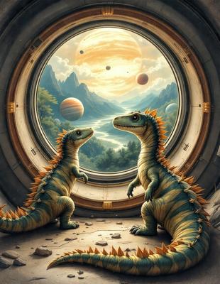 The primary subject of the image is a painting of two dinosaurs, specifically two large lizards, standing next to each other. They are positioned in front of a window, which serves as the setting and background of the scene. The visual style of the painting is digital art, giving it a unique and detailed appearance. The colors and mood of the painting are vibrant and lively, with the two lizards being the main focus of the image.