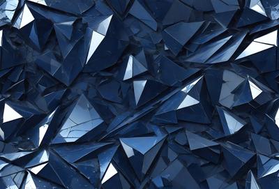 The primary subject of the image is a blue, glass-like material with a reflective surface. The setting is a dark blue background, which contrasts with the reflective material. The visual style is a close-up of the reflective material, showcasing its unique texture and appearance. The colors and mood of the image are predominantly dark and moody, with the blue material serving as the focal point.