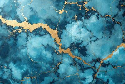 The primary subject of the image is a blue and gold wallpaper with a marbled texture. The setting is a room with a blue and gold wall, and the visual style is a painting or drawing. The colors and mood of the image are predominantly blue and gold, creating a luxurious and elegant atmosphere.