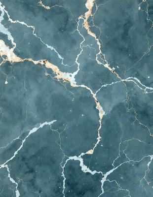 The primary subject of the image is a blue marble wall with a gold and white pattern. The setting is a room with a blue marble floor. The visual style is a close-up of the marble wall, showcasing its intricate design. The colors and mood of the image are predominantly blue and gold, creating a luxurious and elegant atmosphere.
