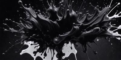 The primary subject of the image is a black and white painting of a splashing ink blot. The setting is a black background, and the visual style appears to be a digital art or illustration. The dominant colors are black and white, creating a dramatic and artistic atmosphere.