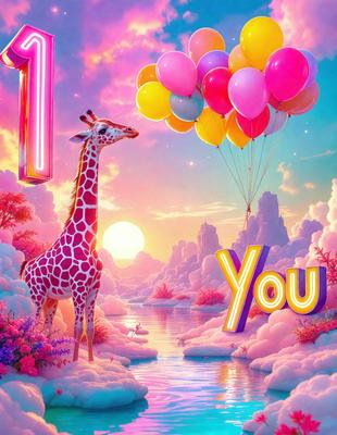 Primary subject: A giraffe standing in a pink and white landscape.

Setting/background: The giraffe is standing in a pink and white landscape, which includes a river and a mountain.

Visual style: The image is a digital art or illustration.

Colors and mood: The colors in the image are predominantly pink and white, creating a whimsical and playful atmosphere.