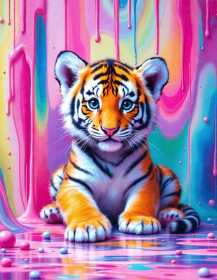 The primary subject of the image is a small tiger cub sitting on a colorful surface. The setting appears to be a painting or a digital artwork, as the tiger cub is surrounded by a vibrant and colorful background. The visual style of the image is a mix of photo and digital art, creating a unique and eye-catching scene. The dominant colors in the image are pink, orange, and yellow, giving the scene a lively and cheerful atmosphere.