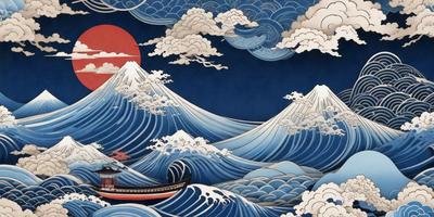 The primary subject of the image is a boat sailing through a large body of water, surrounded by waves. The setting is a vast ocean with a cloudy sky above. The visual style is a combination of digital art and illustration, creating a dynamic and engaging scene. The dominant colors are blue and white, which contribute to the overall mood of the image, evoking a sense of calmness and tranquility.