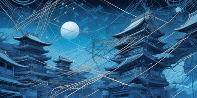 The primary subject of the image is a large building with a pagoda-style roof, surrounded by a complex network of wires and cables. The setting is a nighttime cityscape, with the building's lights illuminating the scene. The visual style is a combination of digital art and illustration, creating a surreal and futuristic atmosphere. The colors are predominantly blue, with the building's lights adding a contrasting warmth to the scene. The overall mood is one of intrigue and wonder