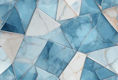 The primary subject of the image is a blue and white marble tile. The setting is a wall with a blue and white marble tile pattern. The visual style is a close-up of the tile, showcasing its intricate design. The colors and mood of the image are predominantly blue and white, creating a clean and elegant atmosphere.