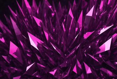 The primary subject of the image is a large, purple, crystal-like structure with multiple points and angles. The setting is a dark, purple background, which contrasts with the bright, pink crystal. The visual style appears to be a combination of digital art and illustration, creating a unique and intriguing scene. The colors and mood of the image are predominantly purple and pink, giving it a somewhat mysterious and captivating atmosphere.
