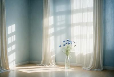 The primary subject of the image is a vase filled with blue flowers, placed on a wooden floor. The setting is a room with a blue wall and a window, providing natural light. The visual style is a photo, capturing the beauty of the flowers and the room's atmosphere. The colors and mood are predominantly blue, creating a calm and serene environment.