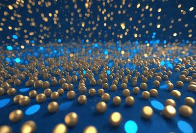 The primary subject of the image is a close-up of a blue surface with a pattern of gold balls scattered across it. The setting appears to be a dark room, and the visual style is a combination of a photo and digital art. The dominant colors are blue and gold, creating a sense of depth and contrast. The overall atmosphere of the image is one of intrigue and visual interest.