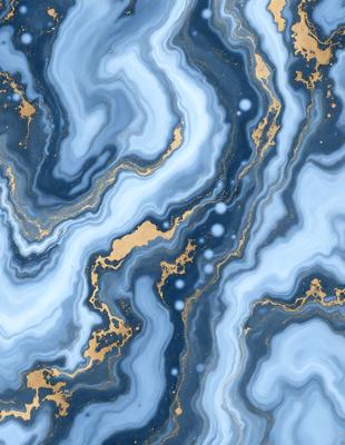The primary subject of the image is a blue and gold marbled pattern, which is the main focus of the image. The setting is a blue and gold marbled surface, which serves as the backdrop for the pattern. The visual style of the image is a digital art or illustration, as it is a well-crafted and detailed representation of the marbled pattern. The dominant colors in the image are blue and gold, creating a rich and luxurious atmosphere.
