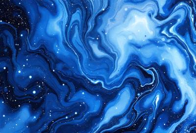 The primary subject of the image is a blue and white swirling pattern, which appears to be a painting or drawing. The setting is a dark blue background, creating a contrasting effect. The visual style is artistic, with the swirls and patterns resembling a galaxy or a celestial scene. The colors and mood are predominantly dark and moody, with the blue hues adding a sense of depth and mystery to the artwork.