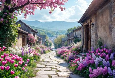 The primary subject of the image is a narrow alleyway lined with purple flowers, creating a beautiful and serene atmosphere. The setting is a small village with houses and mountains in the background, giving a sense of tranquility and natural beauty. The visual style is a photo, capturing the vibrant colors and intricate details of the flowers and the alleyway. The colors and mood of the image are predominantly purple, which adds a sense of calmness and relaxation to the scene.