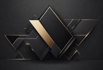 The primary subject of the image is a black and gold geometric pattern. The setting is a black background, and the visual style appears to be a digital art or illustration. The dominant colors are black and gold, creating a sophisticated and elegant atmosphere.