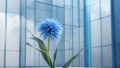 The primary subject of the image is a blue flower, which is prominently displayed in the foreground. The setting is a large glass building, with the flower placed in front of a window. The visual style of the image is a combination of photo and digital art, creating a unique and artistic representation of the flower. The dominant colors in the image are blue and green, giving the scene a calm and serene atmosphere.