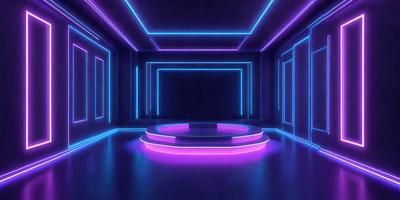 The primary subject of the image is a purple circle with a blue border, which is located in a dark room. The setting appears to be a futuristic or neon-themed environment, with the room being illuminated by the purple and blue light. The visual style of the image is a combination of digital art and illustration, creating a unique and captivating atmosphere. The dominant colors in the image are purple and blue, which contribute to the futuristic and neon-inspired mood.